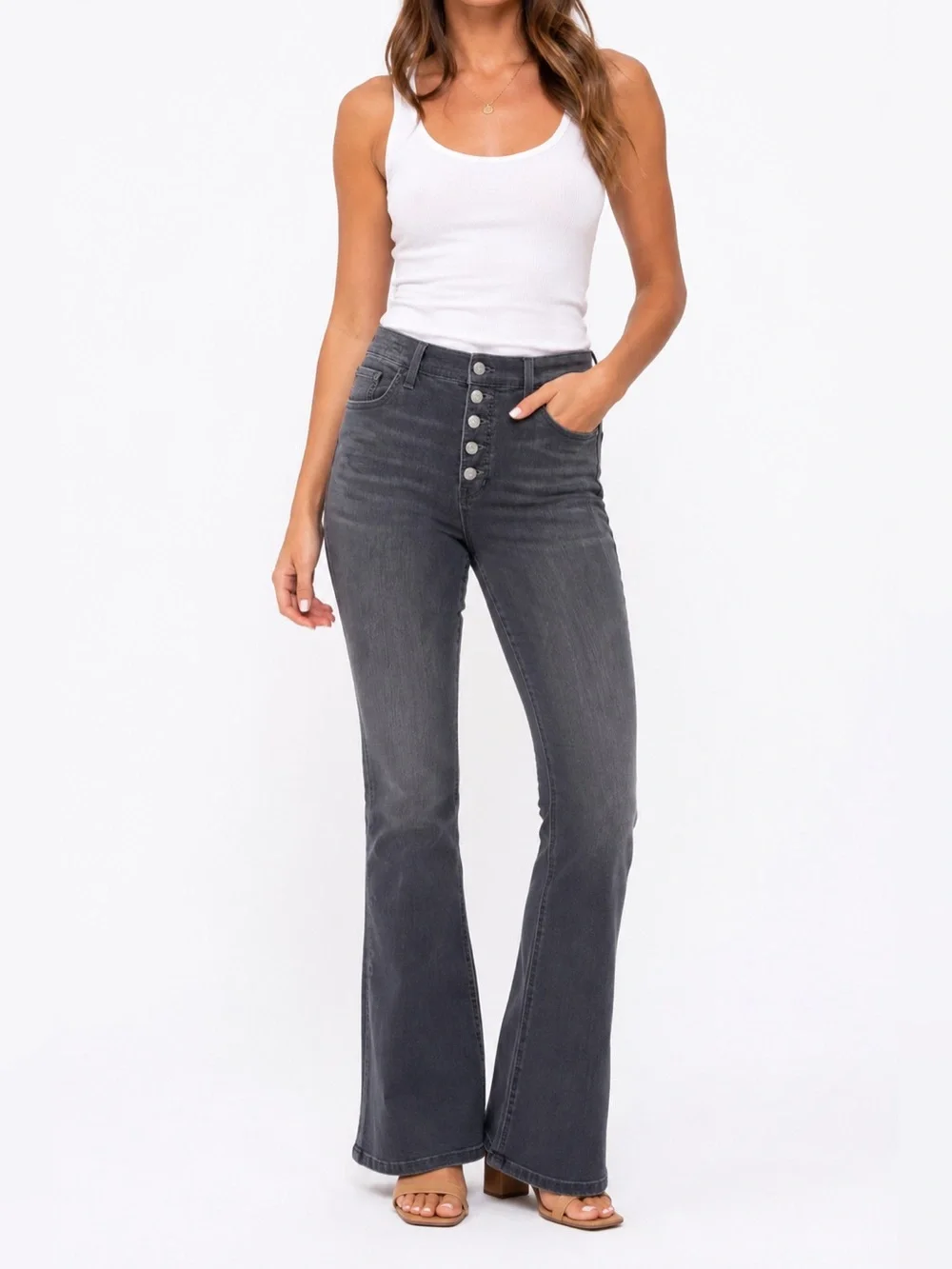 Veronica Beard Beverly Skinny Flare High Rise Jeans Size 27 Charcoal Gray Button